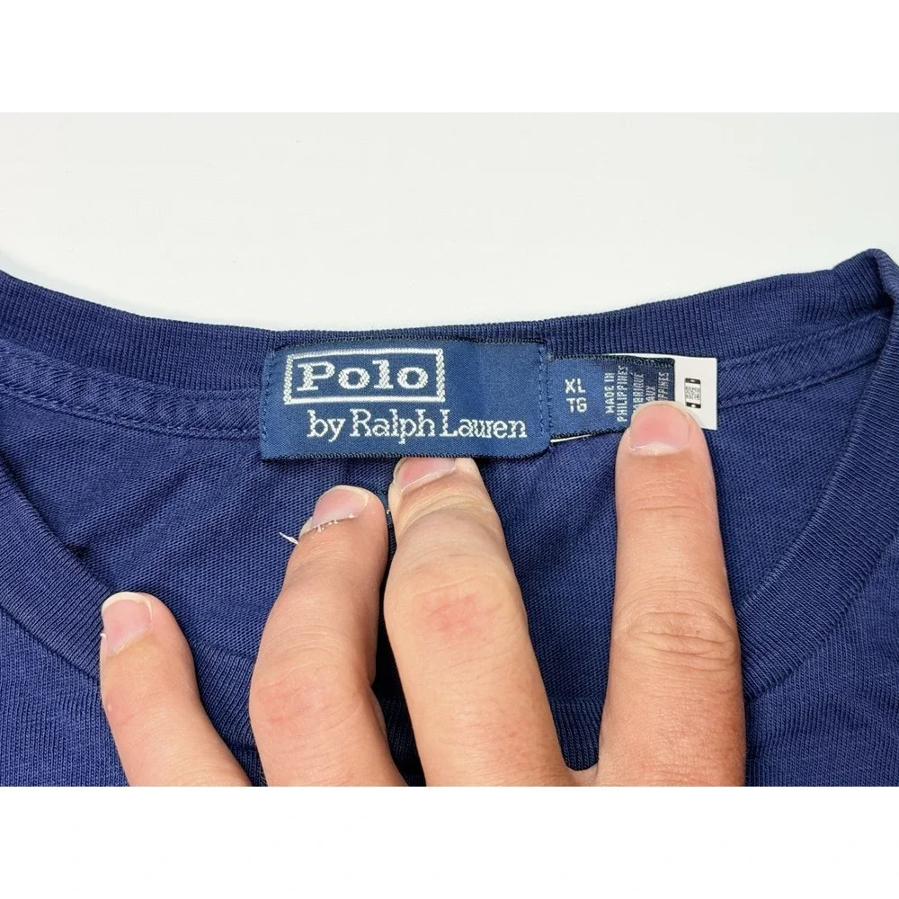 Polo Ralph Lauren XL Blue Patchwork POLO Spellout T Shirt Americana Tee